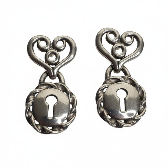 Signed Givenchy Paris NY Padlock Heart Drop Pierced Earrings DoorKnocker Vintage - Picture 2 of 9